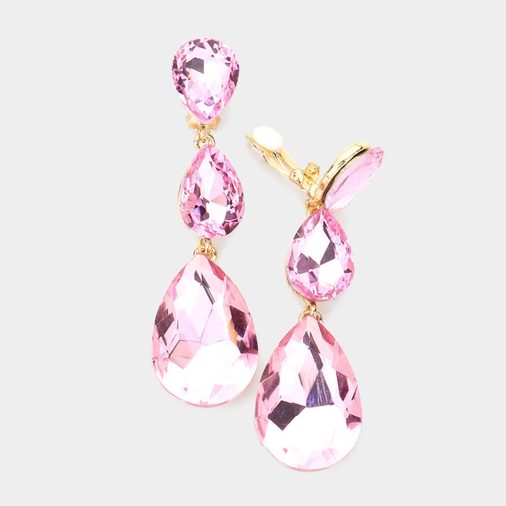 Pink Dangle Crystal Clip On Earrings 3 Inch Triple Tear Drop ClipOns Jewelry